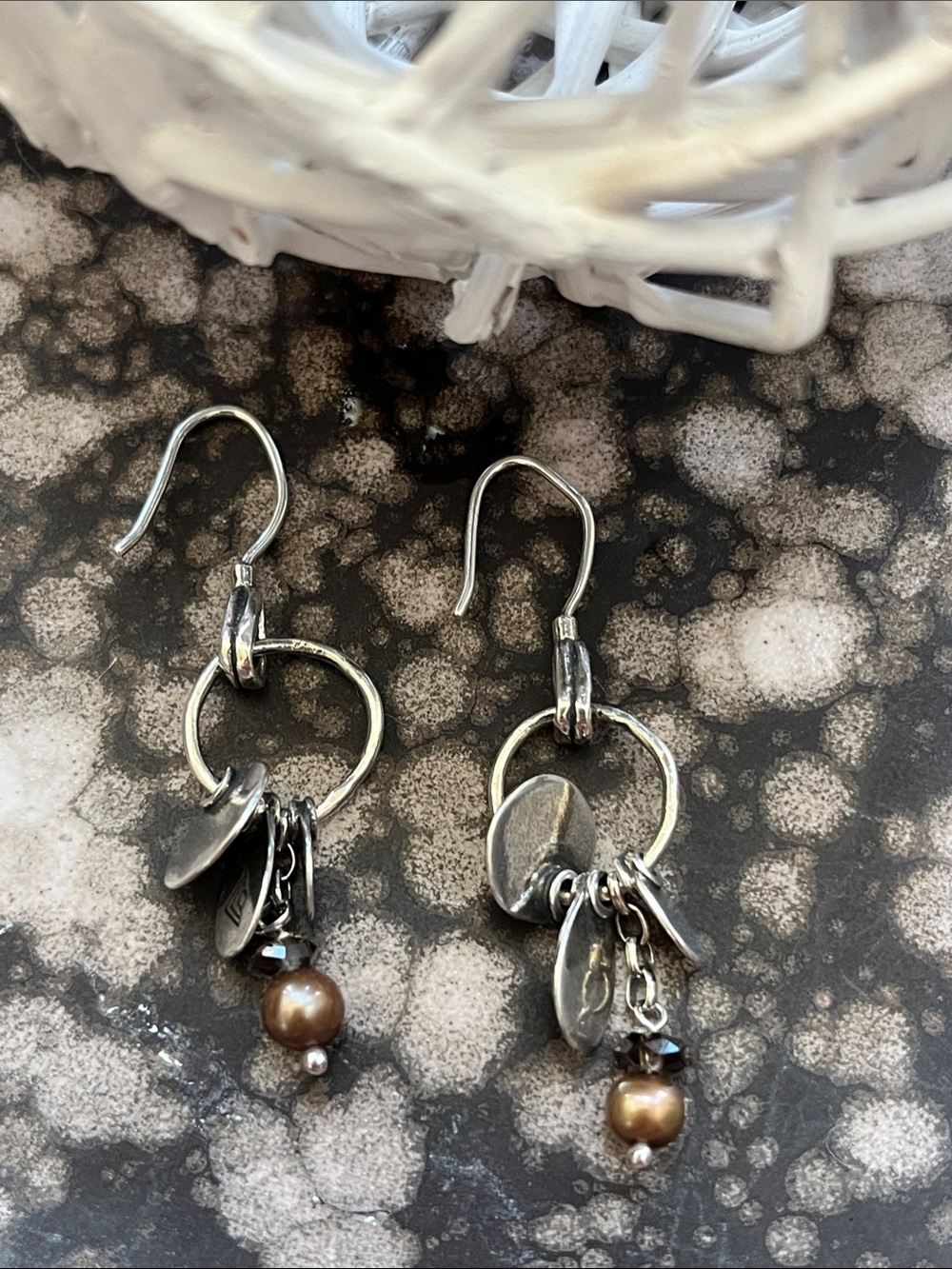 Silpada W1550 Silver Hoop Earrings with Bronze Pearl Drops.